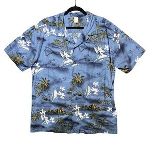 Palmwave‎ Hawaii Camp Shirt XL Blue Tropical Island Map Palm Tree Cotton Aloha